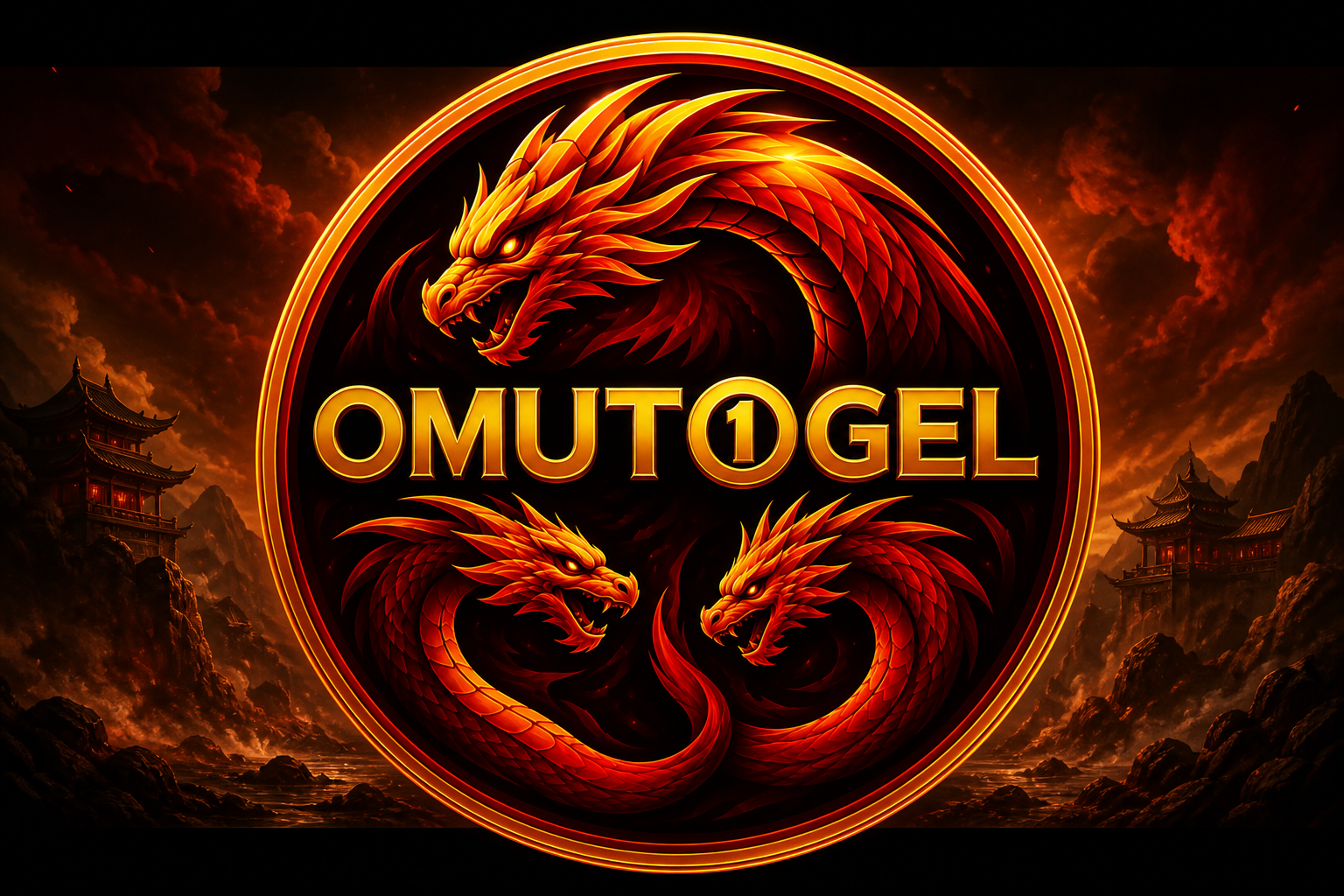 OMUTOGEL: tiga naga api dan teks OMUTO1GEL.